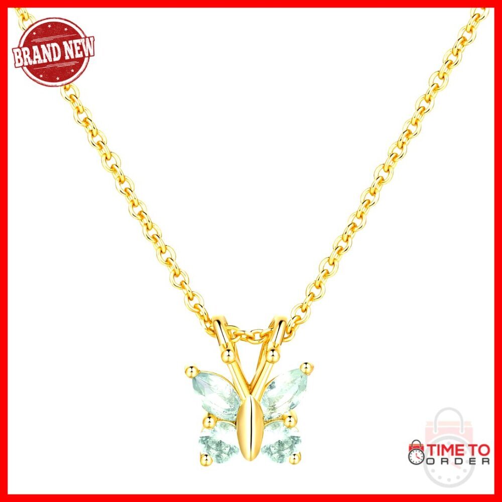 14K Gold Plated Butterfly Pendant Necklace with CZ Stones 18in